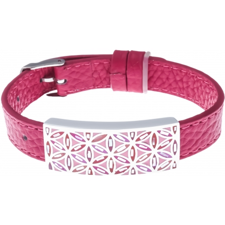 Bracelet acier - fleur de vie - émail - nacre - cuir rose - largeur 1cm - bracelet montre réglable