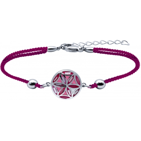 Bracelet acier - nacre - émail - fleur de vie - coton rose - 16+4cm