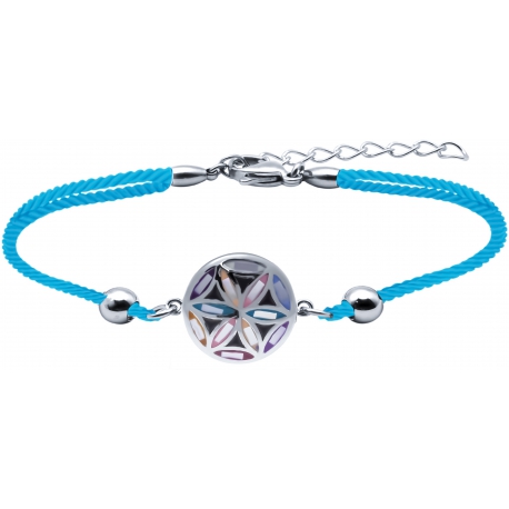 Bracelet acier - nacre - émail - fleur de vie - coton bleu - 16+4cm