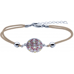 Bracelet acier - nacre - émail - coton marron  - 17+3cm