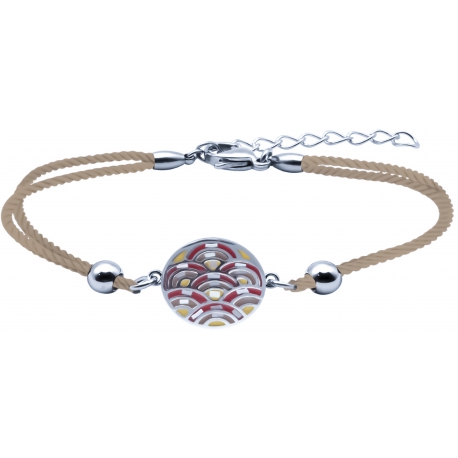 Bracelet acier - nacre - émail - coton marron  - 17+3cm