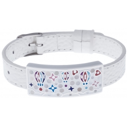 Bracelet acier - émail - nacre - montgolfière - cuir blanc - largeur 1cm - bracelet montre réglable