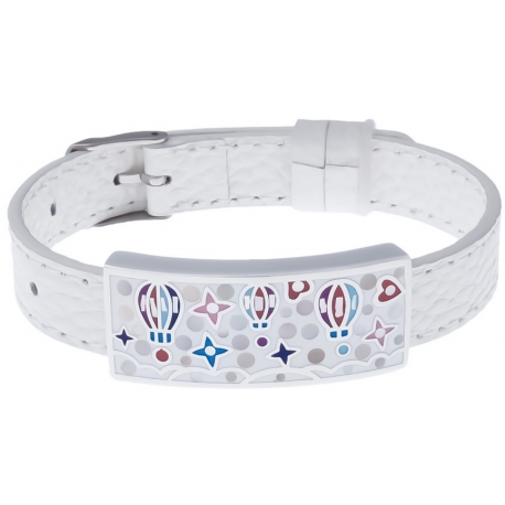 Bracelet acier - émail - nacre - montgolfière - cuir blanc - largeur 1cm - bracelet montre réglable
