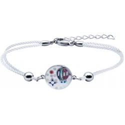 Bracelet acier - nacre - émail - montgolfière - coton blanc  - 17+3cm