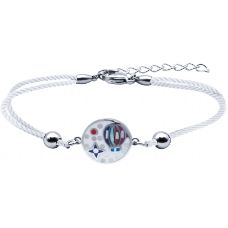 Bracelet acier - nacre - émail - montgolfière - coton blanc  - 17+3cm