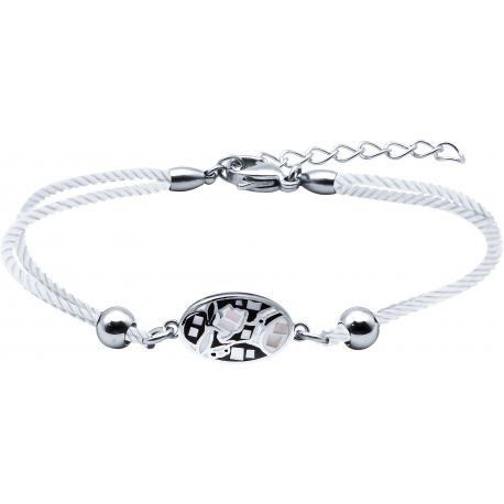 Bracelet acier - nacre - émail - coton blanc  - 17+3cm