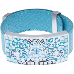 Bracelet acier - émail - nacre -soleil bleu - cuir bleu - largeur 2cm - longueur 23,5cm