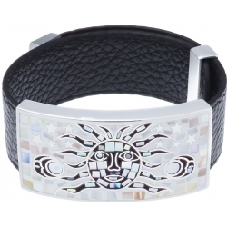 Bracelet acier - émail - nacre - soleil noir et blanc - cuir noir - largeur 2cm - longueur 23,5cm