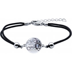 Bracelet acier - nacre - émail - soleil noir et blanc - coton noir  - 17+3cm