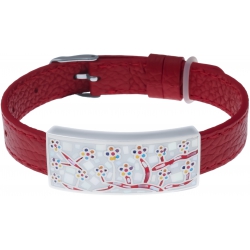 Bracelet acier - émail - nacre - cuir rouge - arbre - largeur 1cm - bracelet montre réglable