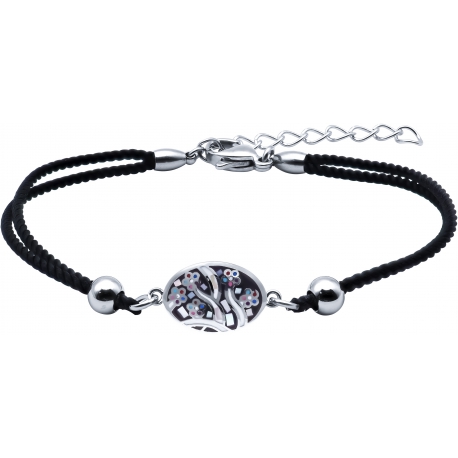 Bracelet acier - nacre - émail - arbre - coton noir  - 17+3cm