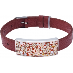 Bracelet acier - émail - nacre - arbre - cuir rouge - largeur 1cm - bracelet montre réglable