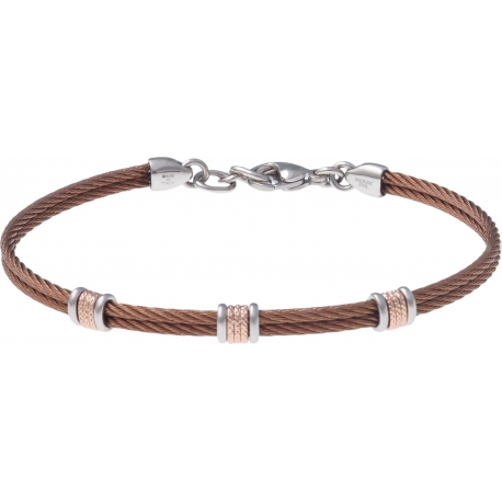 Bracelet acier - 2 câbles acier marron - composants acier rosé - 19,5+1,5cm