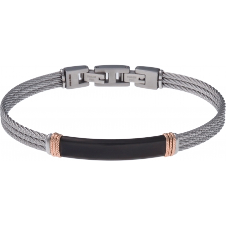 Bracelet acier - 3 câbles acier - plaque PVD noire - composants acier rosé  - 19,5+1,5cm