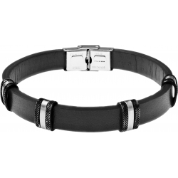 Bracelet acier - cuir noir italien - largeur 1cm - 8 composants acier effet veilli - 4 composants acier - 21,5cm