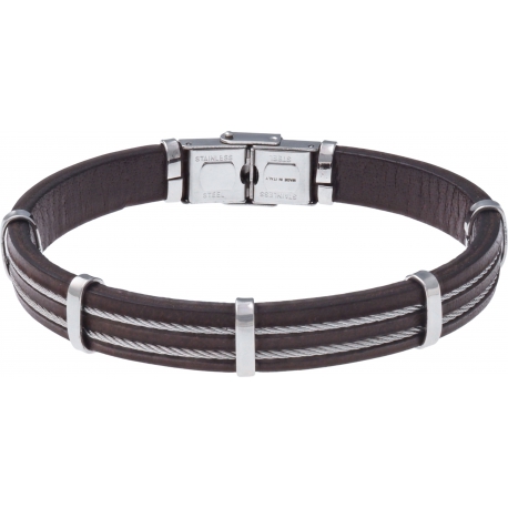Bracelet acier - cuir marron italien - largeur 1cm - 3 cables acier - 21,5cm
