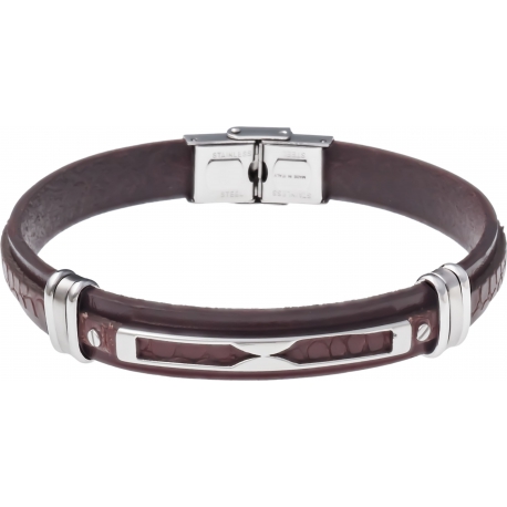 Bracelet acier - cuir marron italien - plaque et composants acier - 21,5cm
