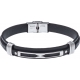 Bracelet acier - cuir noir italien - plaque et composants acier - 21,5cm