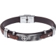 Bracelet acier - cuir marron italien - rose des vents -  plaque acier effet veilli et composants acier - 21,5cm