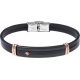 Bracelet acier - cuir noir italien 2 rangs - étoile - plaque PVD noir - composants acier rosé - 21,5cm