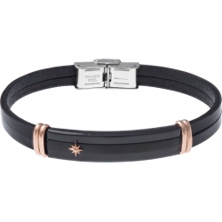 Bracelet acier - cuir noir italien 2 rangs - étoile - plaque PVD noir - composants acier rosé - 21,5cm