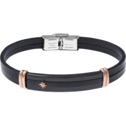 Bracelet acier - cuir noir italien 2 rangs - étoile - plaque PVD noir - composants acier rosé - 21,5cm