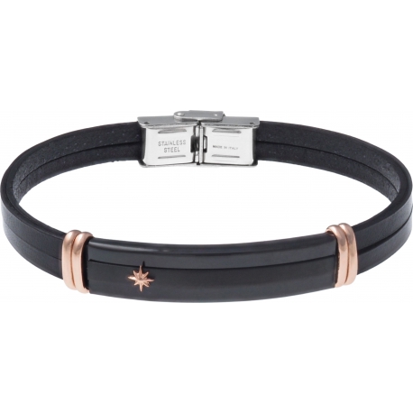 Bracelet acier - cuir noir italien 2 rangs - étoile - plaque PVD noir - composants acier rosé - 21,5cm