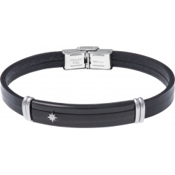 Bracelet acier - cuir noir italien 2 rangs - étoile - plaque PVD noir - composants acier  - 21,5cm