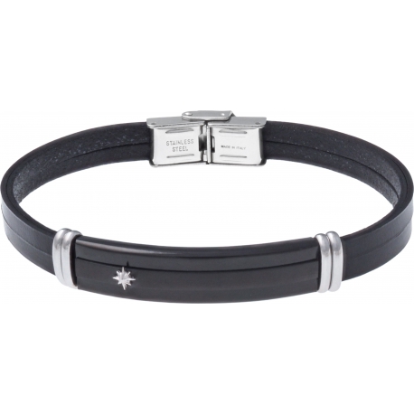 Bracelet acier - cuir noir italien 2 rangs - étoile - plaque PVD noir - composants acier  - 21,5cm
