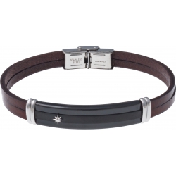 Bracelet acier - cuir marron italien2 rangs - étoile - plaque PVD noir - composants acier  - 21,5cm