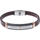 Bracelet acier - cuir marron italien 2 rangs - étoile - plaque 2 tons PVD noir et blanc - composants acier rosé - 21,5cm