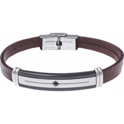 Bracelet acier - cuir marron italien 2 rangs - étoile - plaque 2 tons PVD noir et blanc - composants acier - 21,5cm