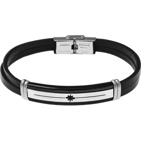 Bracelet acier - cuir noir italien 2 rangs - étoile - plaque 2 tons PVD noir et blanc - composants acier - 21,5cm