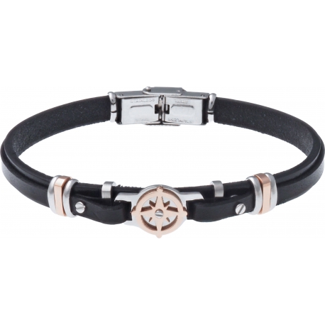 Bracelet acier - cuir noir italien - rose des vents - composants rosé - 21,5cm