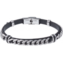 Bracelet acier - cuir noir italien - chaîne acier - 21,5cm