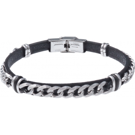 Bracelet acier - cuir noir italien - chaîne acier - 21,5cm
