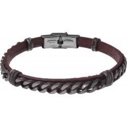 Bracelet acier - cuir marron italien - chaîne acier effet veilli - 21,5cm