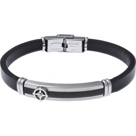 Bracelet acier - cuir noir italien - rose des vents - plaque acier 2 tons PVD noir et acier - 21,5cm