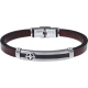 Bracelet acier - cuir marron italien - rose des vents - plaque acier 2 tons PVD noir et acier - 21,5cm