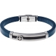 Bracelet acier - cuir bleu italien - rose des vents - plaque acier 2 tons PVD noir et acier - 21,5cm