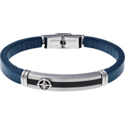 Bracelet acier - cuir bleu italien - rose des vents - plaque acier 2 tons PVD noir et acier - 21,5cm