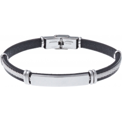 Bracelet acier - cuir noir italien - plaque acier - ligne acier - 21,5cm