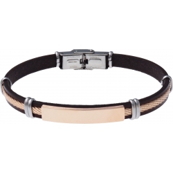 Bracelet acier - cuir noir italien - plaque acier rosé - ligne acier rosé - 21,5cm