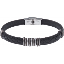 Bracelet acier - cuir noir italien - 3+9+3 composants acier - 21,5cm