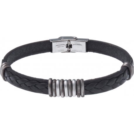 Bracelet acier - cuir noir italien - 3+9+3 composants acier - 21,5cm