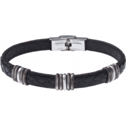 Bracelet acier - cuir noir italien - 5x3 composants acier - 21,5cm