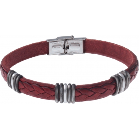 Bracelet acier - cuir rouge italien - 5x3 composants acier - 21,5cm
