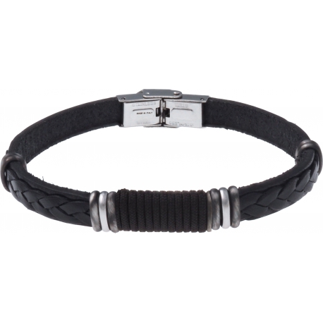 Bracelet acier - cuir noir italien - cordon noir  composants acier - 21,5cm