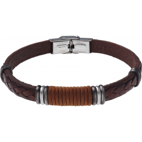 Bracelet acier - cuir marron italien - cordon marron - composants acier - 21,5cm