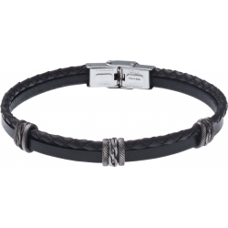 Bracelet acier - cuir et cuir tressé italien noir - composants acier effet veilli - 21,5cm